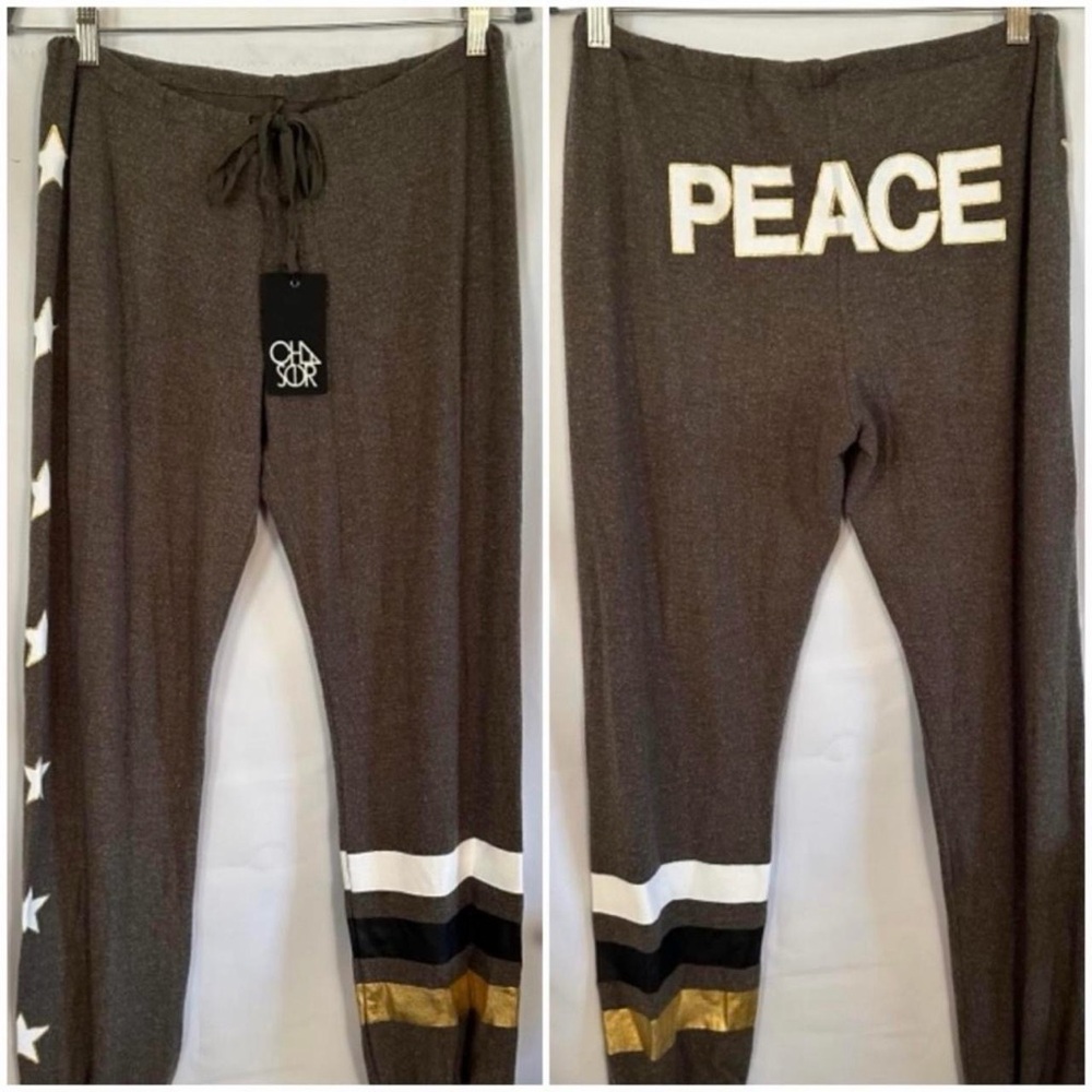 Chaser Brown Peace Pants with Gold and White Accents